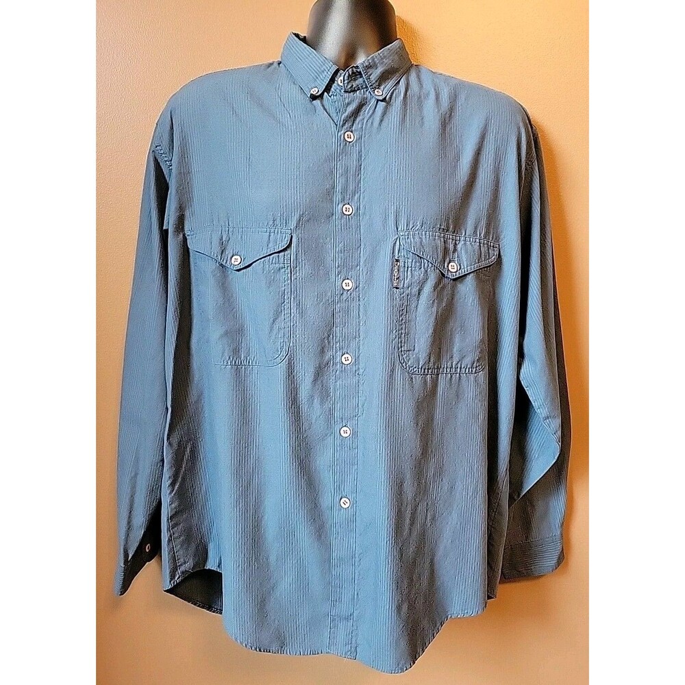 Vintage Levis Shirt Blue Striped L-Sleeve Button Down Big E Silver Label | Large